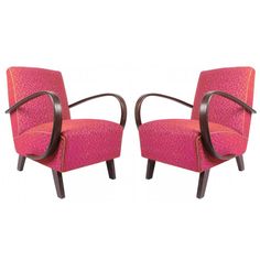 a pair of pink and brown chairs with armrests on each side, against a white background