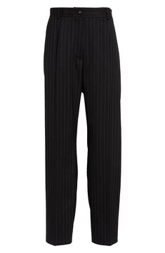 A monogram-marked button brands these tailored Italian pants faintly patterned in pinstripes that further elongate the high-waisted style. Zip fly with button closure Front slant pockets; back welt pockets 96% virgin wool, 2% polyester, 2% spandex Dry clean Made in Italy Designer Clothing Classic Pinstripe Wide-leg Dress Pants, Classic Pinstripe Wide Leg Dress Pants, Pinstripe Workwear Pants With Belt Loops, Chic Pinstripe Trousers, Striped Business Trousers, Pinstripe Trousers For Business Casual, Tailored Pinstripe Pants With Belt Loops, Pinstripe Tapered Leg Business Casual Pants, Business Pants With Vertical Stripes