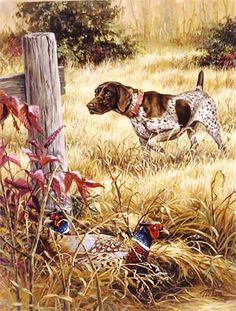 a painting of a dog standing next to a fence in a field with birds and flowers