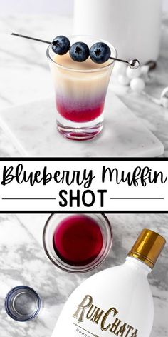 the blueberry muffin shot is served in a small glass with an ice cream scooper