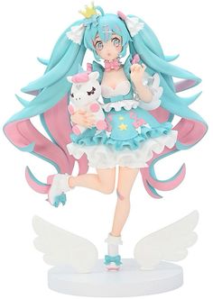 an anime figurine is posed on a white base with blue and pink hair