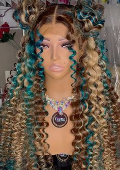 Brown Wig With Blue Highlights, Blue And Brown Wig, Brown And Blue Hair Black Women, Honey Blonde And Blue Hair, Dyed Wig Ideas, Brown And Blue Braids, Glamour Hair, 13x4 Lace Front Wig, Frontal Wig Hairstyles