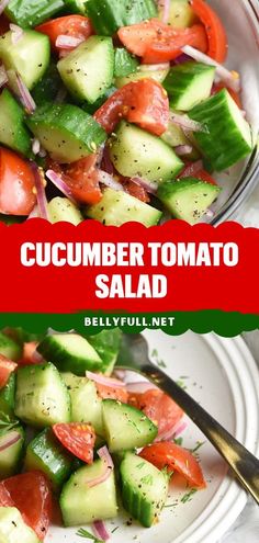 cucumber tomato salad with red onions and green peppers in a white serving bowl