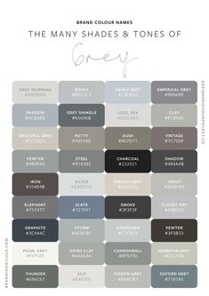 the many shades and tones of grey are featured in this color scheme for an interior design project