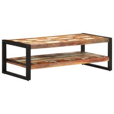 a wooden coffee table with metal legs and a shelf on one side that is made out of wood planks