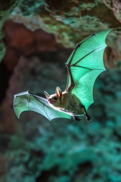 a bat flying through the air with its wings spread