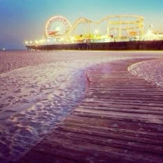 an amusement park at the beach with boardwalks and ferris wheel