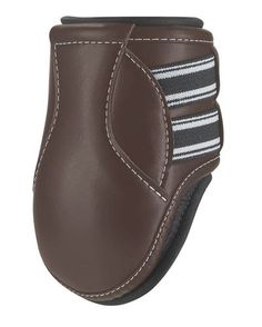 a brown leather boot with white and black stripes