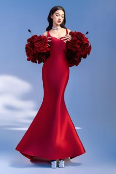 Flowers Gown Dress, Dresses For Gala Events, Red Gala Dresses, Flower Gown, Red Gown, Floor Length Dress, Gowns Of Elegance, Lace Midi, Flower Dress