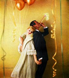 a painting of a man and woman kissing in front of gold balloons with streamers