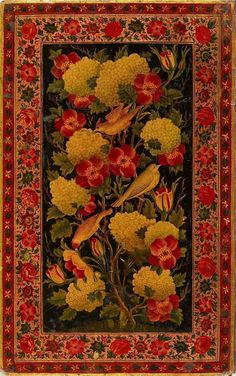 a tapestry with flowers and birds on it's border, in red and yellow colors