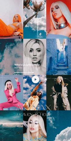 a collage of photos with different colors and styles on them, including the woman in orange