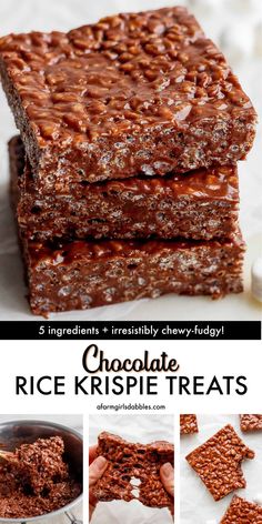 chocolate rice krispie treats are stacked on top of each other, with the title above it