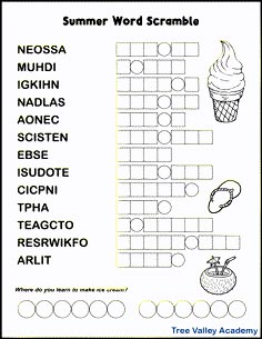 the summer word scramble worksheet with an ice cream cone and other words on it