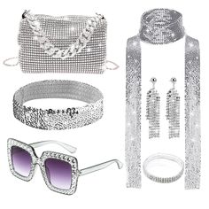 PRICES MAY VARY. Full Set 70s accessories - The disco outfits set includes 1 piece of glitter silver scarf, 1 pair of sequin earrings, 1 piece of 70s headband, 1 piece of sequin coil bracelet, 1 piece of rectangle disco glasses, and 1 piece of glitter silver bag, which can satisfy your needs for disco outfit women. Premium 70s disco outfits for women - the glitter earring, scarf are mainly made of alloy, which are sturdy and solid, not easy fade or deform, also are lightweight and reusable. And Trendy Adjustable Jewelry For Party, Retro Jewelry For Parties, Silver Plastic Jewelry For Party, Summer Night Out Metal Jewelry, Trendy Summer Party Jewelry, Disco Style Silver Jewelry For Party, Adjustable Glass Jewelry For Parties, Summer Party Metal Jewelry, Party Jewelry In Silver With Glass Material