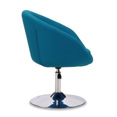 a blue chair sitting on top of a metal base