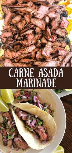 there are several different types of food on this plate and in the background is an image of carne asada marinade