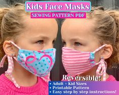 2-layer Fabric Face Mask Sewing Pattern Instructions.  This is an instant PDF digital download for how to make your own face mask using 2 layers of fabric.  This face mask sewing pattern tutorial, includes step-by-step instructions on how to make your own face mask.   3 sizes included in the pattern (2-6 years old, 7-12 years old, Teen/Adult size).   Also included: instructions for many different ways of tying and fastening the face mask; elastic cord, hair elastic, how to make fabric ties, and Masks Pattern, Kids Masks, Mask Patterns, Face Mask Pattern, Animal Face Mask, Sewing Creations, Kids Face Mask, Mask Designs, Face Mask Tutorial