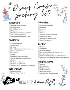 the disney cruise packing list is shown in black and white, with an image of mickey mouse