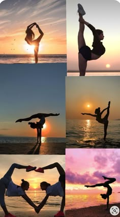 the silhouettes of two people doing yoga poses in front of the ocean at sunset