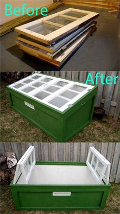 before and after photos of an old window box turned into a storage bench with glass doors