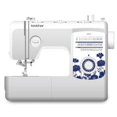 the brother sewing machine is white and has blue flowers on it's front side