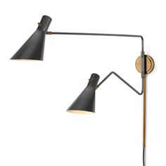 two black and gold wall lights on a white background with one light turned off, the other is down