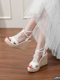 Fisdy - Premium White Embroidered Wedding Sandals - Exquisite PU Leather, Open Toe Design Wedding Sandals For Bride, Open Shoes, Bridal Pumps, Summer Toes, Leather Wedding, Bridal Sandals, Embroidered Wedding, Wedding Sandals, Estilo Chic