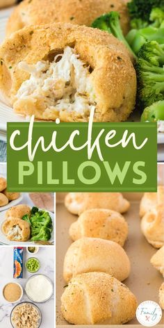 chicken pillows with broccoli and dips on the side are shown in this collage