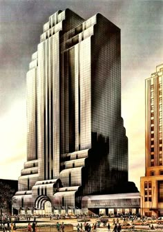 an architectural drawing of a tall building in the middle of a city with people walking around it