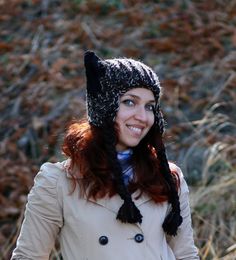 Braided Ear Flap Cat Hat Winter Black Unisex by ThingsFromShela Black Hat With Ear Flaps For Fall, Winter Brimmed Bonnet, Winter Brimmed Fitted Bonnet, Fitted Brimmed Winter Bonnet, Fitted Crochet Cap For Winter, Fitted Crochet Winter Cap, Fitted Winter Crochet Cap, Adjustable Knitted Winter Costume Hats And Headpieces, Adjustable Knitted Costume Hats And Headpieces For Winter