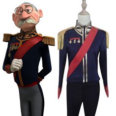 an animated man in uniform next to a mannequin