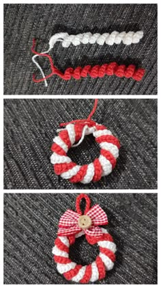 crocheted christmas wreaths with red and white yarn hanging from the top, bottom, and bottom