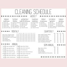 the cleaning schedule is shown in black and white on a pink background with polka dots