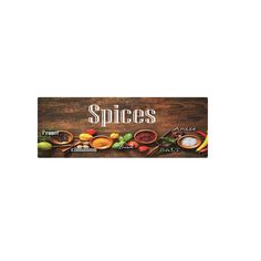 a wooden sign that says spices with various types of fruits and vegetables around it on a white background