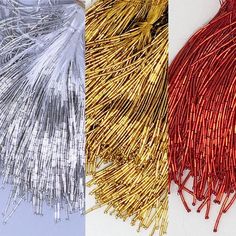 three different types of tinsels are shown in two pictures one is red and the other has gold