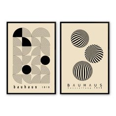 two posters with black and white designs on the same wall, one has an abstract design