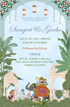 an event poster for the jungle and garba festival, featuring elephants in front of a gazebo