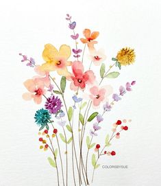 a watercolor painting of flowers in a vase