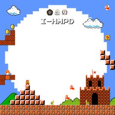 an old - school video game screen with mario's castle in the middle and clouds above