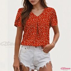 Qteee - Casual Snowflower Chiffon Blouse with Bubble Sleeves Floral Print Chiffon Tops With Short Sleeves, Non-stretch Red Summer Blouse, Non-stretch Red Blouse For Summer, Red Non-stretch Summer Blouse, Red Chiffon V-neck Blouse, Summer Red Chiffon Blouse, Casual Printed Chiffon Blouse, Casual Chiffon Blouse With Floral Print, Casual Chiffon V-neck Top