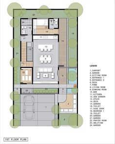 the floor plan for a house with two floors and three car parking spaces on each side