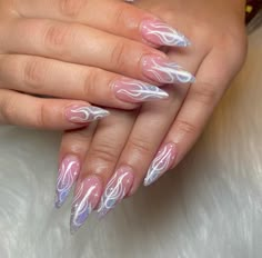 Nude Holographic Ombre Nails #nude #nudenails #nails #manicure #ombrenails #ombreholographicnails #Holographic #glitternails #glitter #almondnails #longnails #longalmondnails #flames #whitenails #flamenails #naturalnails #womenstrends #womensnails #nails #nailtrends #trendy #summernails #summer #fallnails #fall #halloweennails #halloween #punkrock #nail Suenos Festival Nails, White Flames Nails, Summer Flame Nails, Ombre Nails With Flames, Flame Outline Nails, White Holographic Nails Design, Acrylic Nails Flames, Flame Almond Nails, Ombre Flame Nails