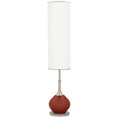 an orange table lamp with a white shade on the base and a silver metal base