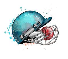 a cricket helmet and ball with watercolor blotches on the white backgroud