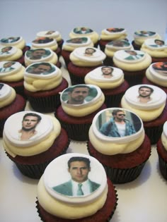 cupcakes with pictures of men on them are arranged in rows and placed on top of each other