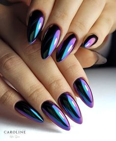 15 Glamorous Almond Nails Chrome Ideas - thepinkgoose.com Gold Chrome Almond Nails, Nails Black Chrome, Almond Nails Chrome, Chrome Almond Nails, Chrome Almond, Black Chrome Nails, Purple Chrome Nails, Chameleon Nails, Nail Designs Ideas