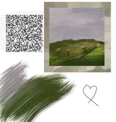 an abstract painting with green and purple tones, including a qr code for the image