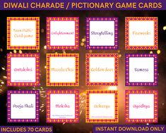 the diwali card game cards are all different colors and sizes, with fireworks in the