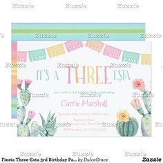 a birthday party card with cactus and flowers on the front, it's a three - sided